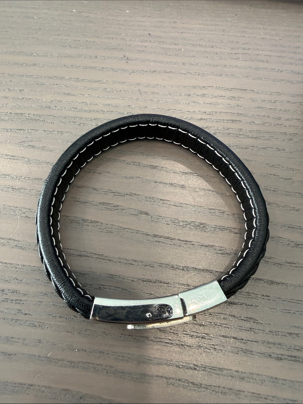 Men's Black Leather Double-Strand Bracelet with Silver Magnetic Clasp